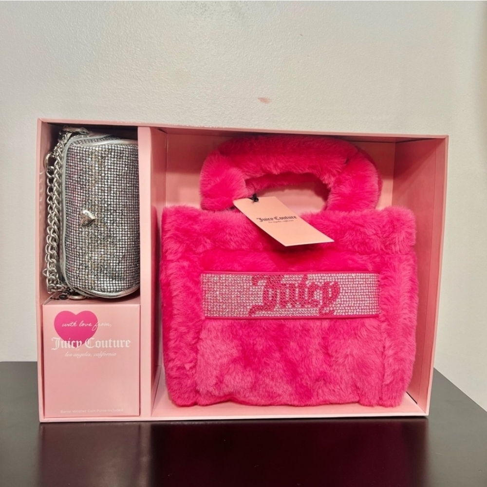 NWT Juicy Couture Pink Faux Fur Mini Tote Bag +Sparkle Coin Purse Boxed Gift Set